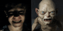 a close up of a person 's face next to a close up of a gollum statue