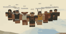 a group of roblox characters are standing next to each other with the letters xv visible