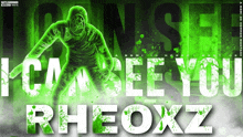 a green and white poster with the name rheoxz