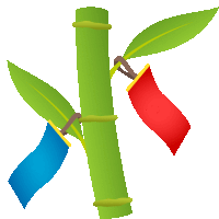 a green bamboo stick with a blue and red flag hanging from it