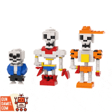 three lego skeletons are standing next to each other with a gun damit com logo behind them