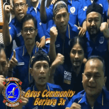 a group of men are posing for a photo with the words " argus community berjaya 3x " written above them