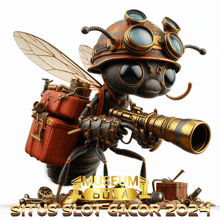 a bee holding a telescope and a suitcase with the words museum bola sirius slot gacor 2024 on the bottom