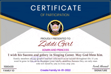 a certificate of participation proudly presented to ziddi girl