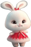 a white bunny wearing a red dress with a bow on its ears