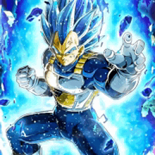 a cartoon character with blue hair is standing in front of a blue background with a fist in the air .