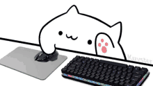 a drawing of a cat next to a keyboard and a mouse pad