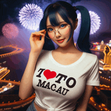 a woman wearing glasses and a white shirt that says i love toto macau