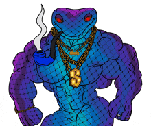 a cartoon drawing of a snake with a pipe and a necklace that says ' snoop dogg ' on it