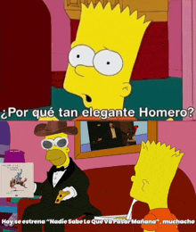 bart simpson is talking to homer simpson who is wearing a tuxedo and sunglasses