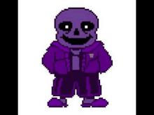 a pixel art drawing of a purple skeleton wearing a purple jacket and tie .