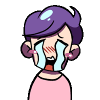 a cartoon character with purple hair is crying with tears running down his face .