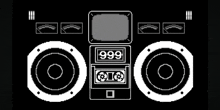 a black and white drawing of a boombox with speakers and a tv .