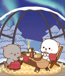 a cartoon of two cats sitting at a table with cups of coffee