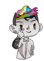 a drawing of a man with a tattoo on his arm and a rainbow haircut