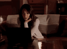 a woman is sitting at a table in front of a laptop computer .