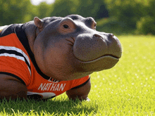 a hippopotamus wearing an orange shirt with the name nathan on it