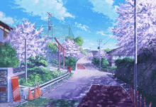 a painting of a street with cherry blossoms on it