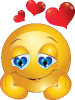 a yellow smiley face with blue eyes and red hearts around it