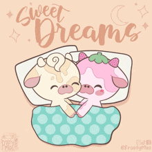 an illustration of two cows sleeping with the words sweet dreams above them