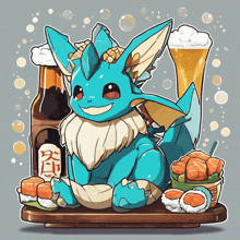 a cartoon drawing of a blue pokemon surrounded by sushi and a beer bottle