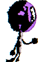 a pixel art drawing of a stick figure with a purple ball in the background