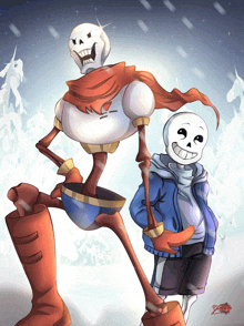 a drawing of papyrus and sans standing next to each other in the snow