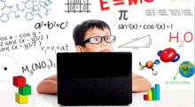 a young boy wearing glasses is looking at a laptop computer surrounded by mathematical equations .