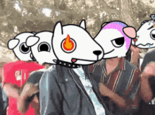 a group of people with cartoon characters on their faces including a dog with a red eye