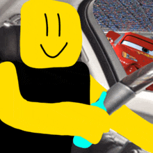 a yellow cartoon character is sitting in a car next to a red car