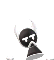 a black and white cartoon character with horns and the letter t on its face