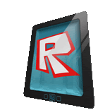 a tablet with a red and white r logo on the screen