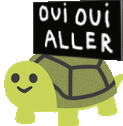 a cartoon turtle is holding a sign that says oui oui aller .