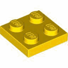 a yellow lego brick with four holes in it .