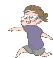 a cartoon of a man wearing glasses and a purple shirt is running