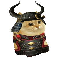 a cat wearing a helmet and armor looks like a samurai