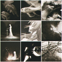 a collage of black and white images includes a woman holding a sword