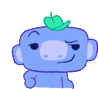 a cartoon drawing of a blue bear with a green hat on his head