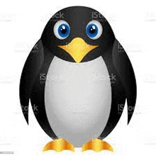 a cartoon penguin with big blue eyes and a yellow beak .