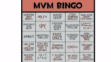 a mvm bingo board with red crossed out sections