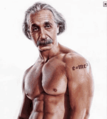 a shirtless albert einstein has e = mc2 tattooed on his shoulder