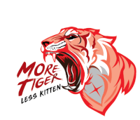 a logo for more tiger less kitten shows a tiger with its mouth wide open