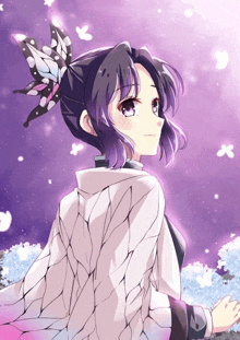 a girl with purple hair and a butterfly in her hair is smiling