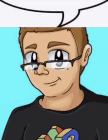 a cartoon of a man wearing glasses and a black shirt with a cube on it