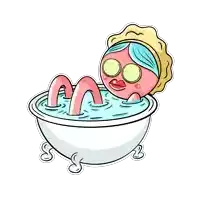 a cartoon drawing of a woman in a bathtub with cucumber slices on her eyes