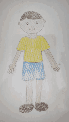 a child 's drawing of a boy with a yellow shirt and blue shorts