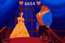 a cartoon of a woman in a dress and a beast standing next to each other on a bridge .