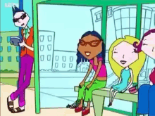 a cartoon of a group of girls sitting at a bus stop