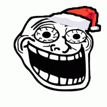 a troll face wearing a santa hat is smiling .