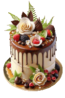 a cake with chocolate flowers and berries has the letters a and c on it